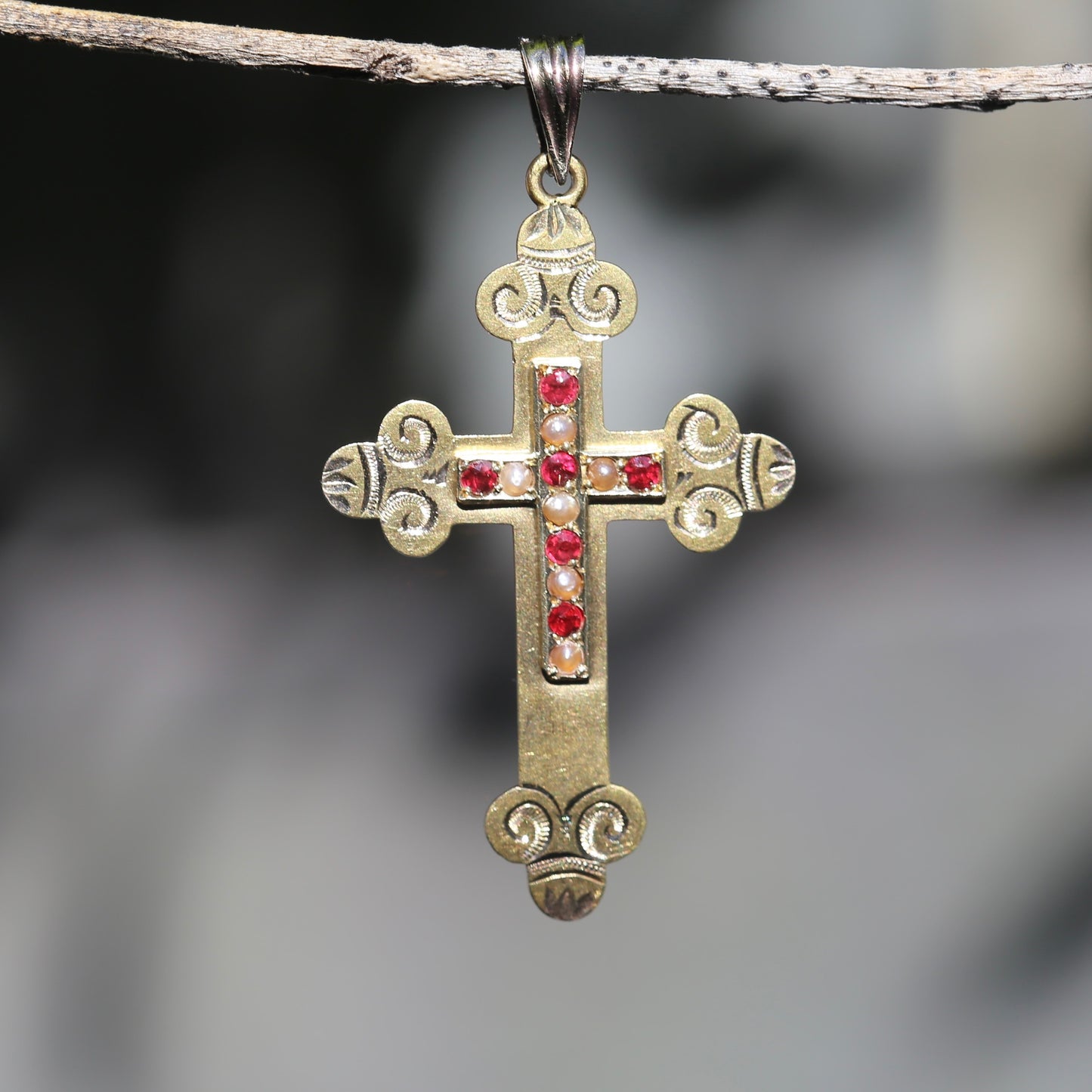 Antique 15ct Ruby and Pearl Crucifix by Australian Jeweller Willis and Sons, 15ct Gold