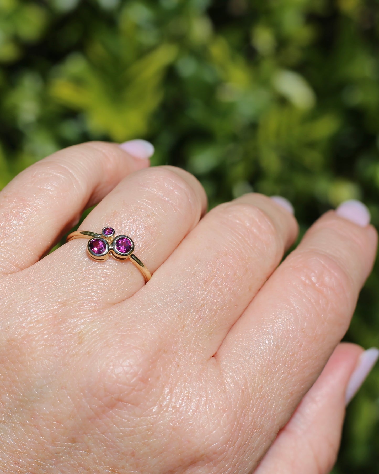 Rhodolite Garnet Three Stone Modern Bezel Set Bubble Trilogy, 9ct Yellow Gold, size O or 7.25, 1.75g