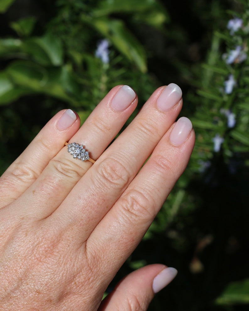 1991 London Made Diamond Cluster Ring, 9ct Yellow and White Gold, size J or 4.75, 2.2g