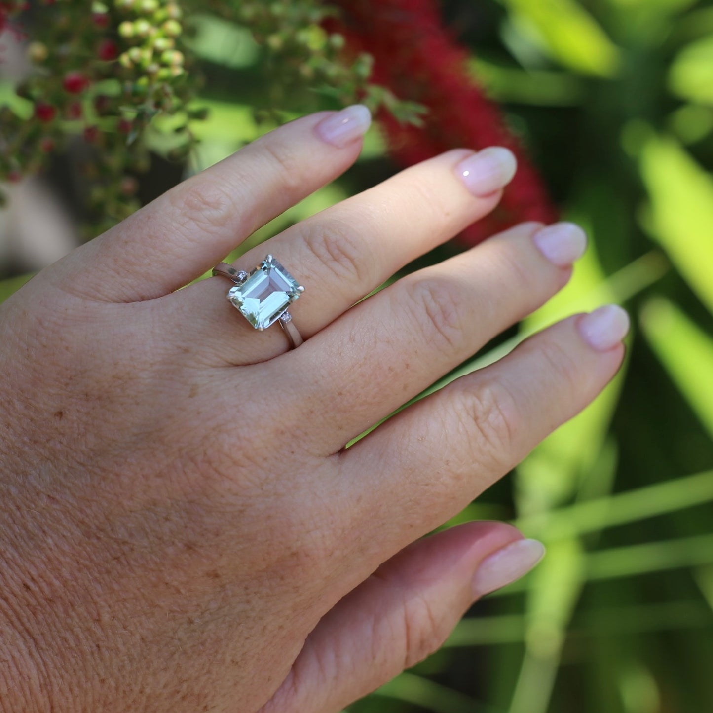 Emerald Cut Prasiolite and Diamond Ring, 9ct White Gold, size P or 7.75