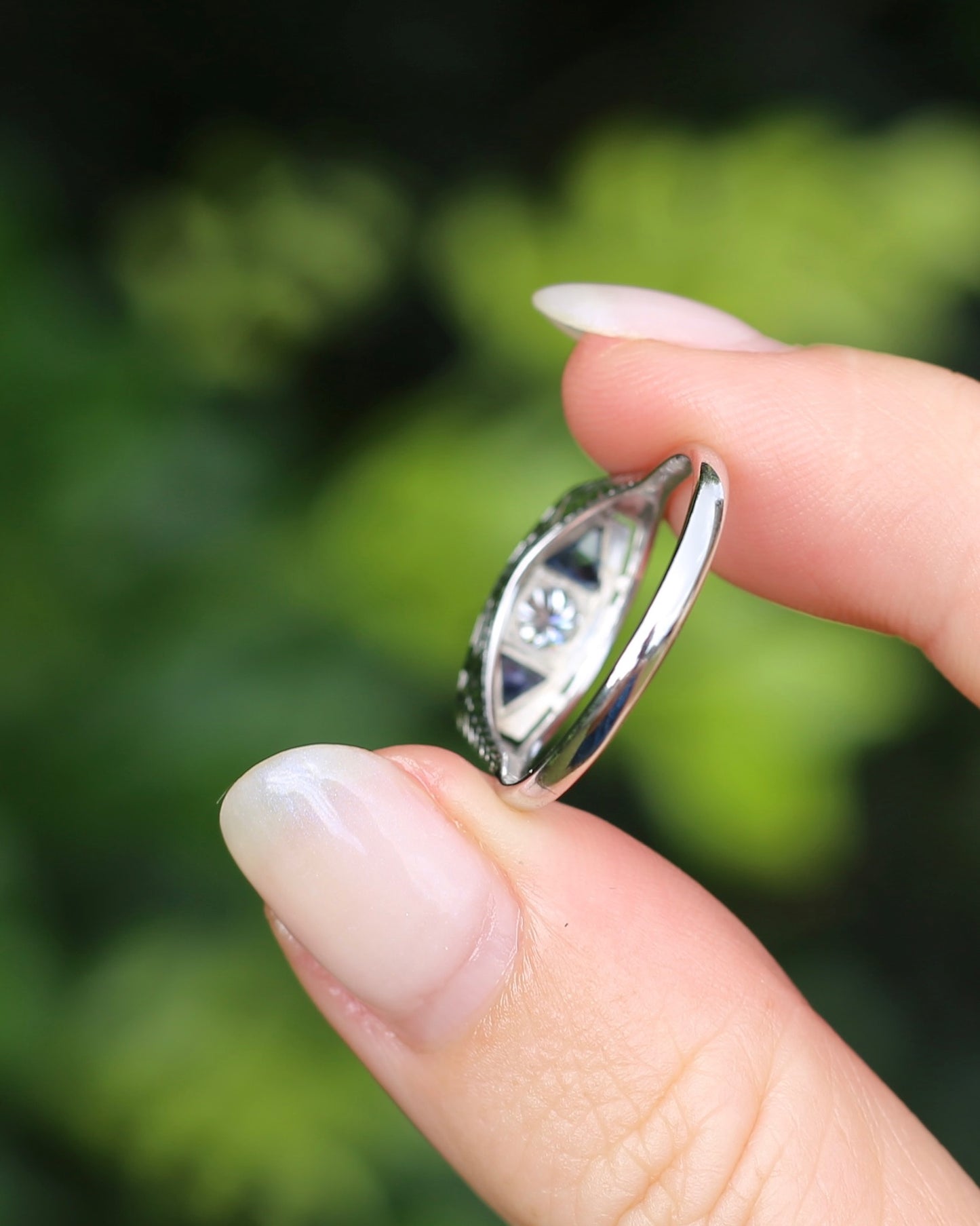 Art Deco Diamond and Sapphire Trilogy in Raised Handmade Engraved Floral Setting, 14ct White Gold, size U or 10 - offering free resize down to 7 or O, with valuation