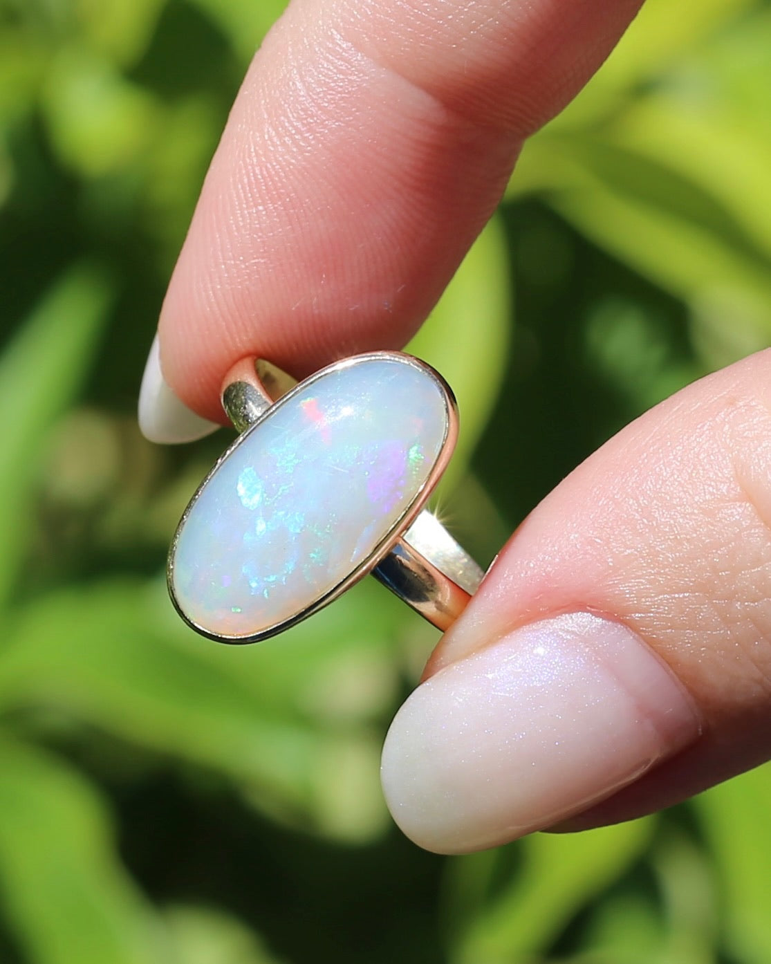 Crystal Opal Cabochon, Low Profile, in Bezel Set 9ct Yellow Gold, size T1/2 or 9.75