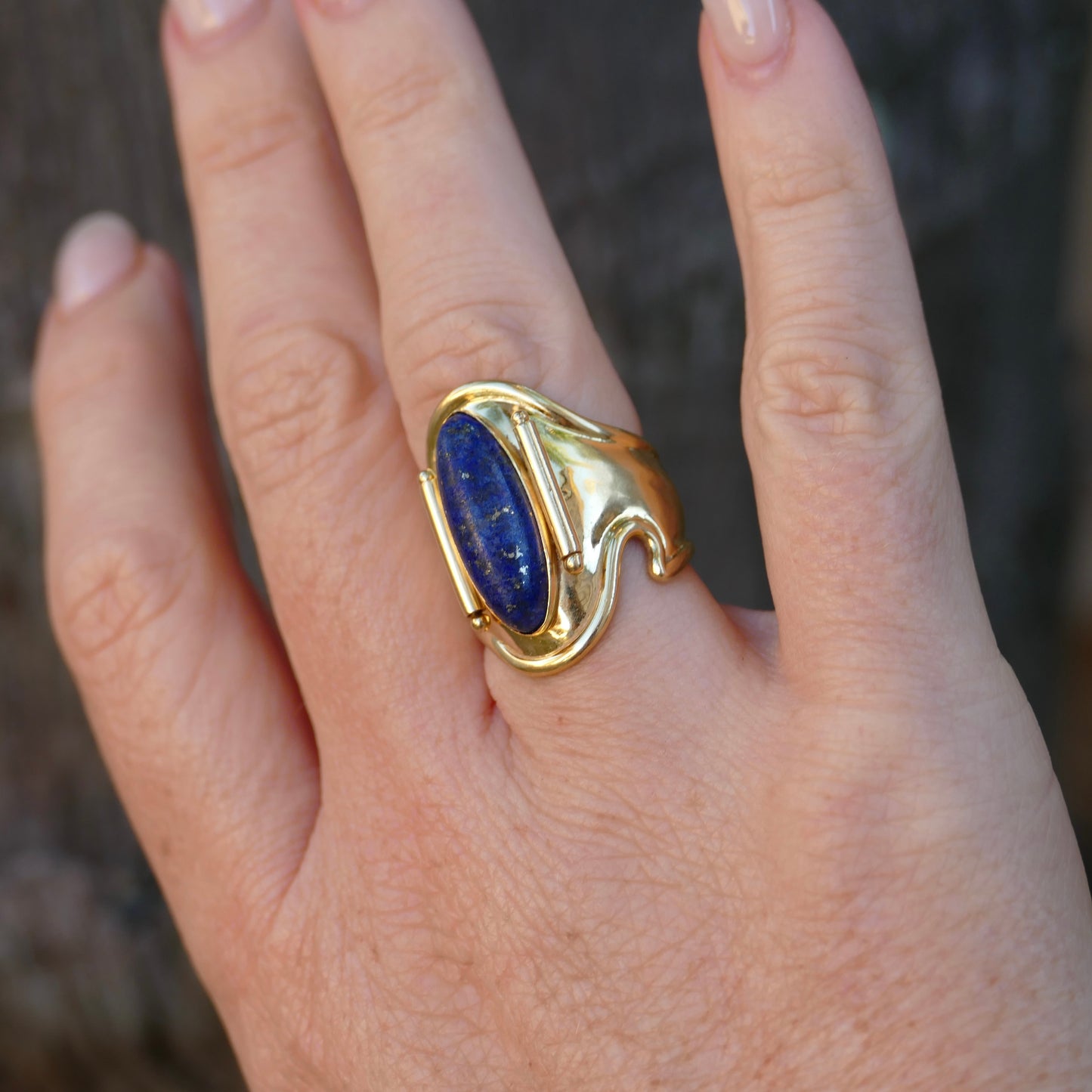 18ct Gold and Lapis Lazuli Cabochon Cuff Ring, size O but sizeable