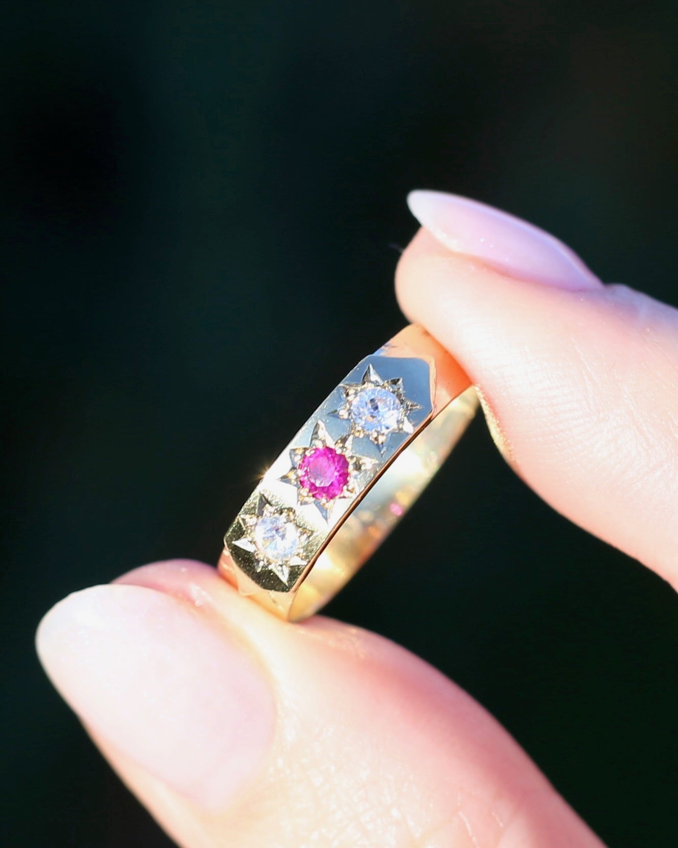 1873 15ct Band with 18ct Trilogy Old Cut Star Set Addition, 15 & 18ct Gold, size R1/2 or 8.75 (fits slightly smaller)