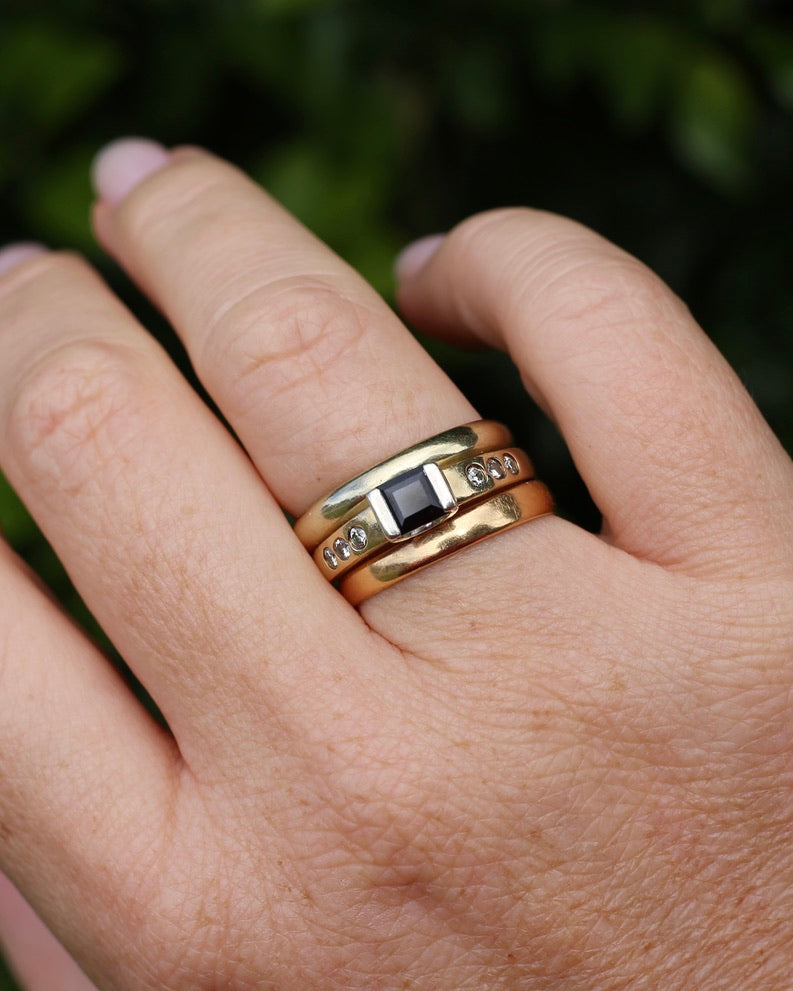 Vintage Chunky East West Set Sapphire and Flush Set Diamonds, 9ct Yellow and White Gold, size 9 or S