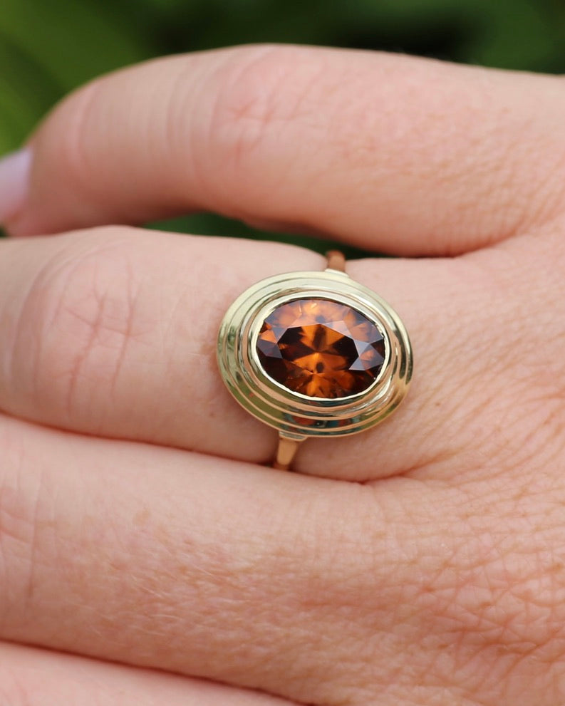 5.08ct Bezel Set Tiered Zircon Ring, 9ct Yellow Gold, size P or 7.5, 14ct Yellow Gold, 4.06g