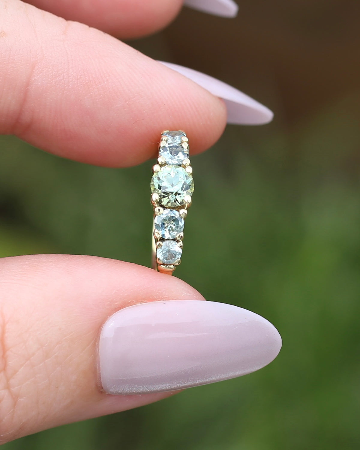 1.35ct Blue Green Natural Five Stone Sapphire Ring, 9ct Yellow Gold, size 6.5 or just over M1/2, 2.91g