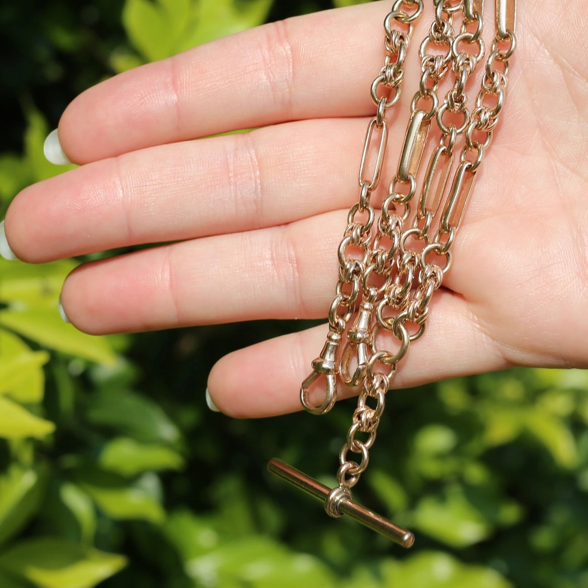 Antique - likely Victorian - Fancy Link 9ct Rosey Gold Double Watch Chain with Fob, 21inches, 41.25g