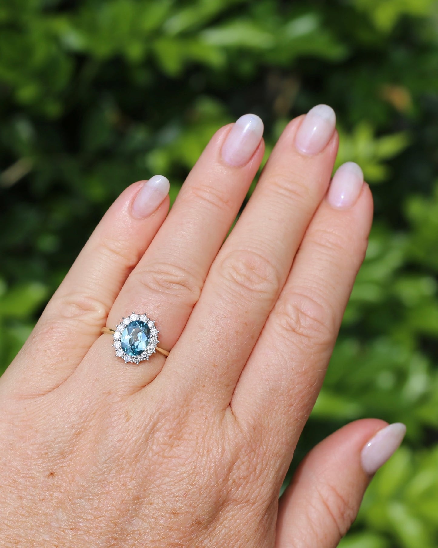 2.79ct Oval Blue Zircon and Diamond Halo, Vintage 9ct White and Yellow Gold, size M1/2 or 6.5