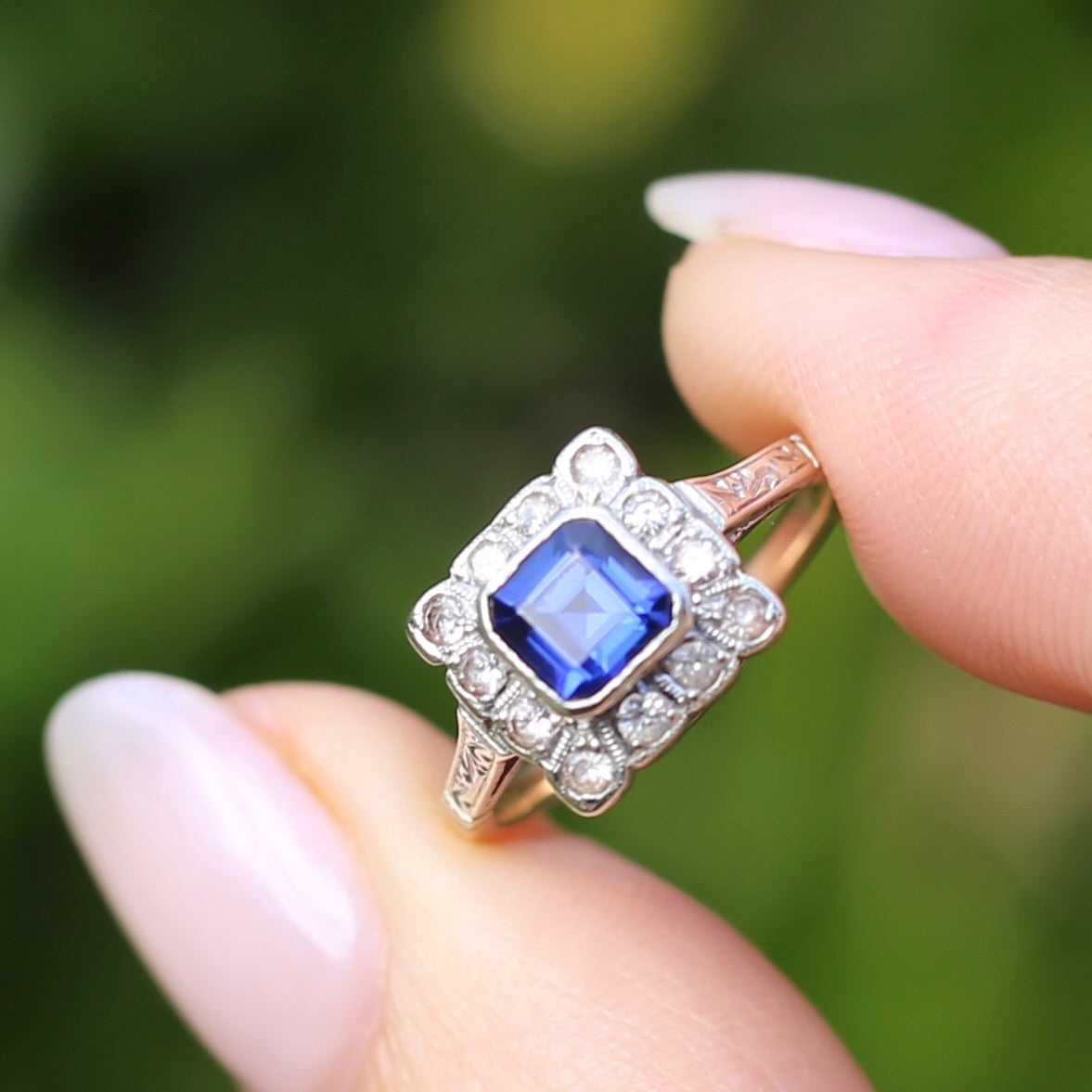 1930s Mixed Metal, Sapphire and White Spinel Halo Ring, 9ct Yellow and White Gold, size J1/2 or 5