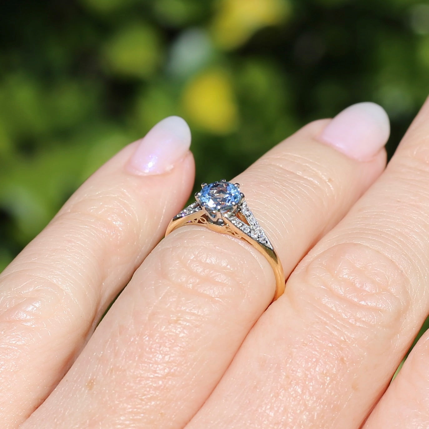 Pristine Early Australian 1930s Dunklings Blue Zircon & Diamond RIng, size L or just over 5.5