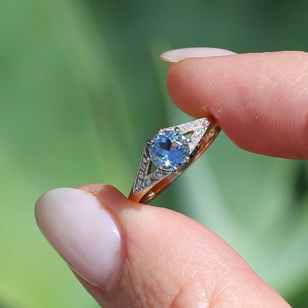 Pristine Early Australian 1930s Dunklings Blue Zircon & Diamond RIng, size L or just over 5.5