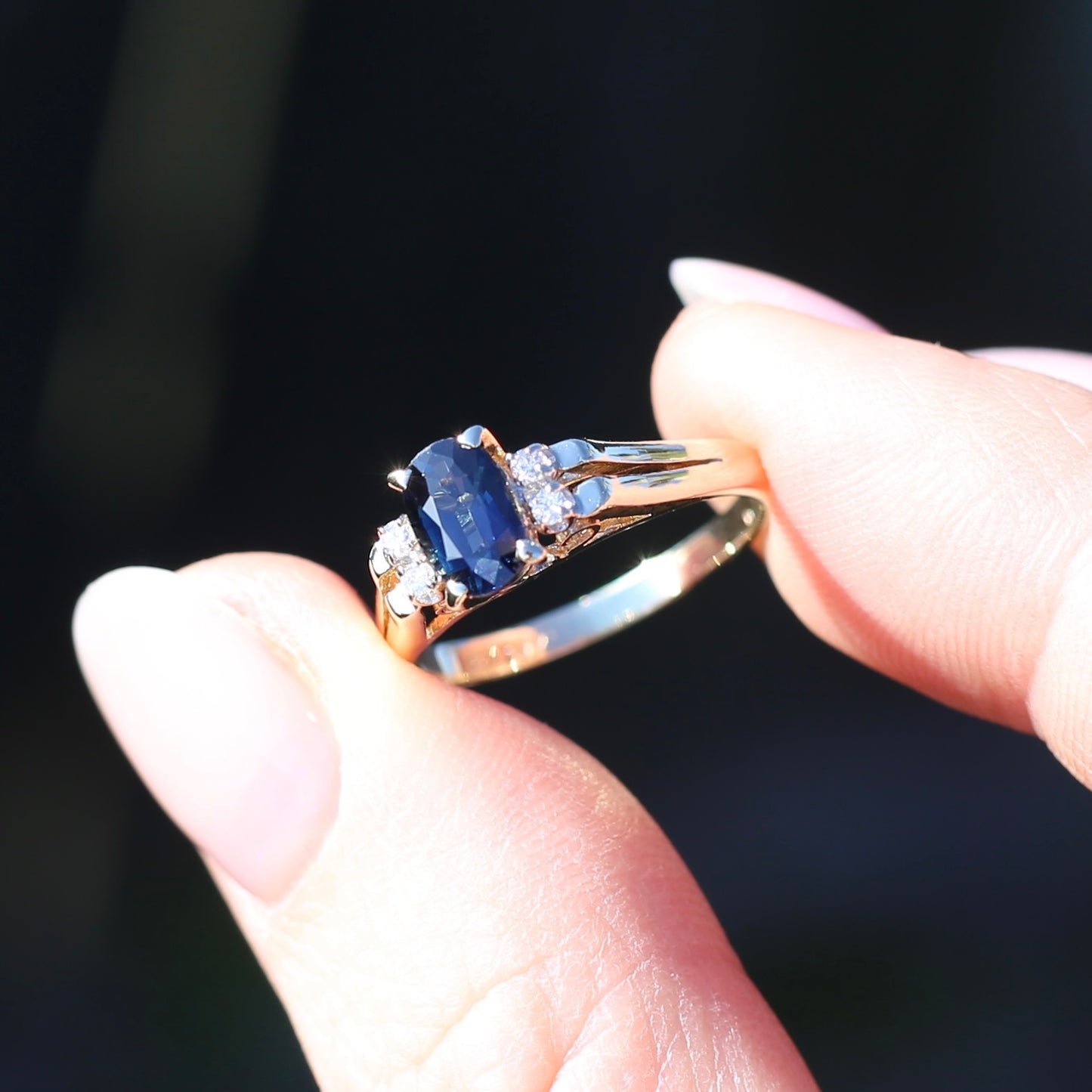 Oval Natural Blue Sapphire with Diamonds, Art Deco Feel Ring, 14ct Yellow Gold, size N or 6.75