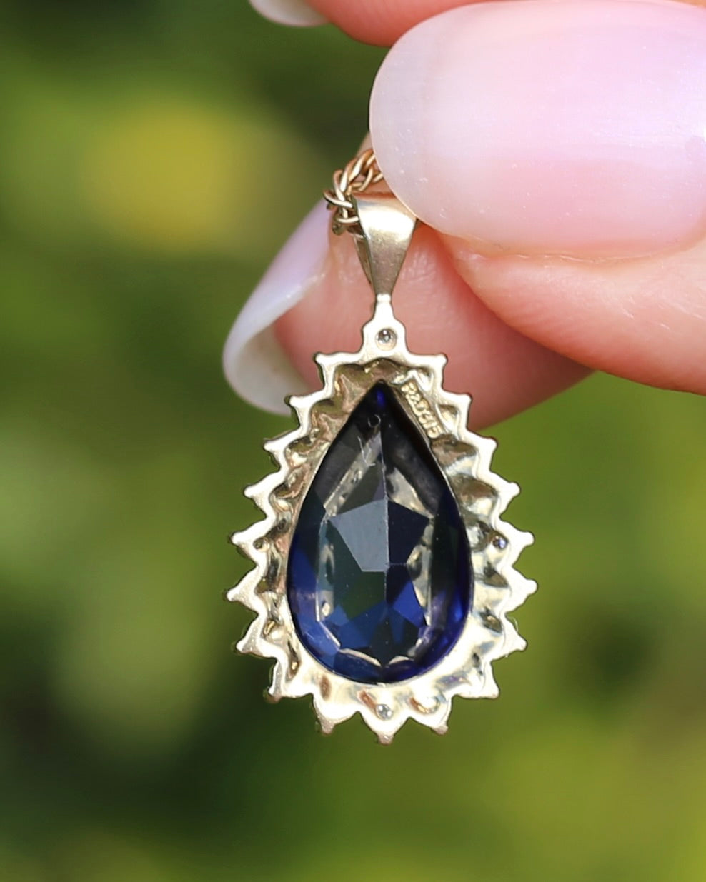 5ct Lab Grown Sapphire and Illusion Set Pendant with 2 Diamonds, 9ct Yellow Gold (some Rhoidum Plating), 2.47g