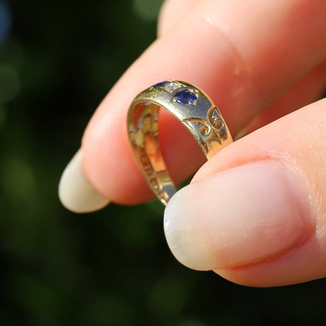 1897 Old Cut Sapphire and Diamond Five Stone Ring, 18ct Yellow Gold, size O or 7.25