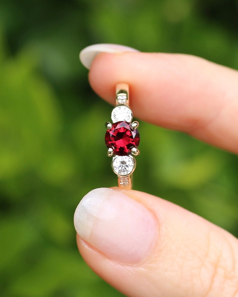 East African Rhodolite Garnet and Diamond Dais Trilogy, 9ct Yellow Gold, size S or 9.25