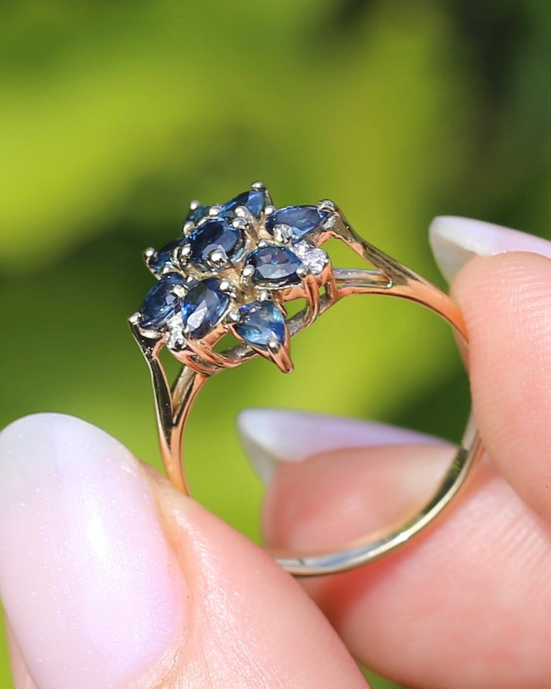 Vintage Blue Sapphire and Diamond Cluster Ring, 9ct Yellow Gold, size N or 6.75, 2.34g