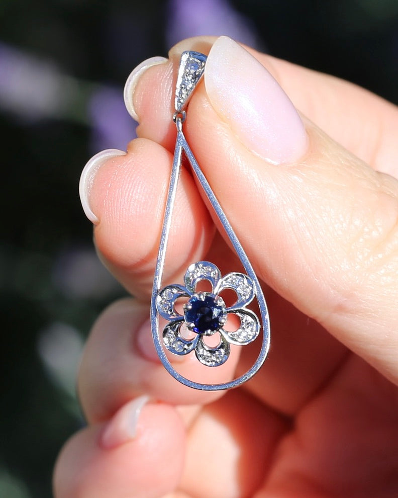 Vintage Natural Sapphire and Diamond Pendant, 18ct White Gold, 2.64g