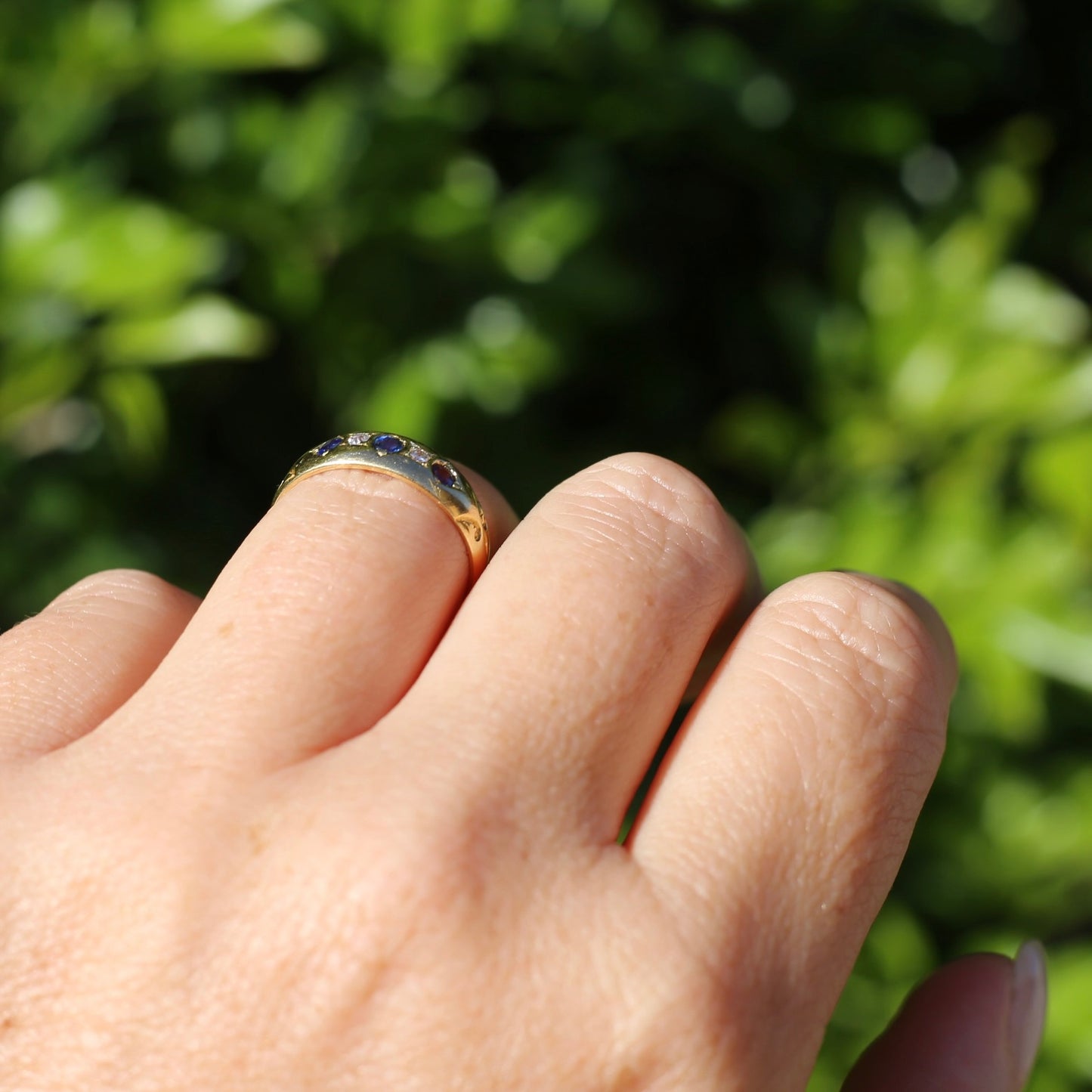 1897 Old Cut Sapphire and Diamond Five Stone Ring, 18ct Yellow Gold, size O or 7.25