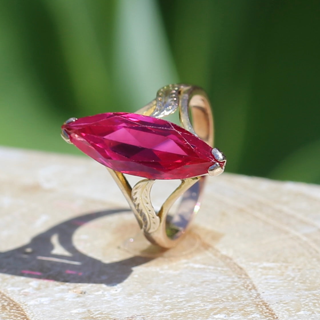 Mid Century Russian Synthetic Ruby Ring, 14ct Rosey Gold, size L1/2 or 6