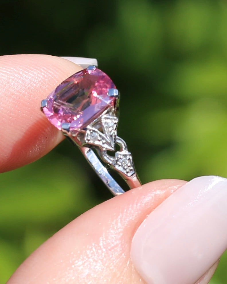 Pale Pink Tourmaline and Old Cut Diamond Shoulder Ring, 18ct White Gold and Platinum, size N or 6.75, 2.63g