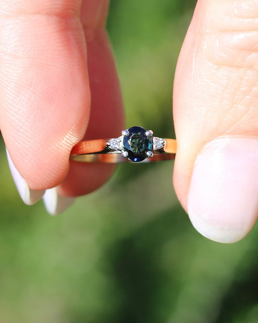 Dark Australian Sapphire and Diamond Dainty Trilogy, 9ct Yellow and White Gold, M1/2 or 6.5, 1.75g