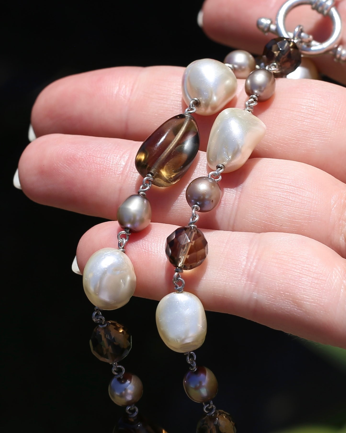 Baroque White Pearl, Grey Pearl and Smoky Quartz Neckalce, Silver Clasp and Findings, 43g