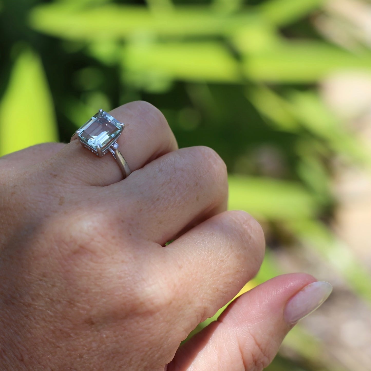 Emerald Cut Prasiolite and Diamond Ring, 9ct White Gold, size P or 7.75