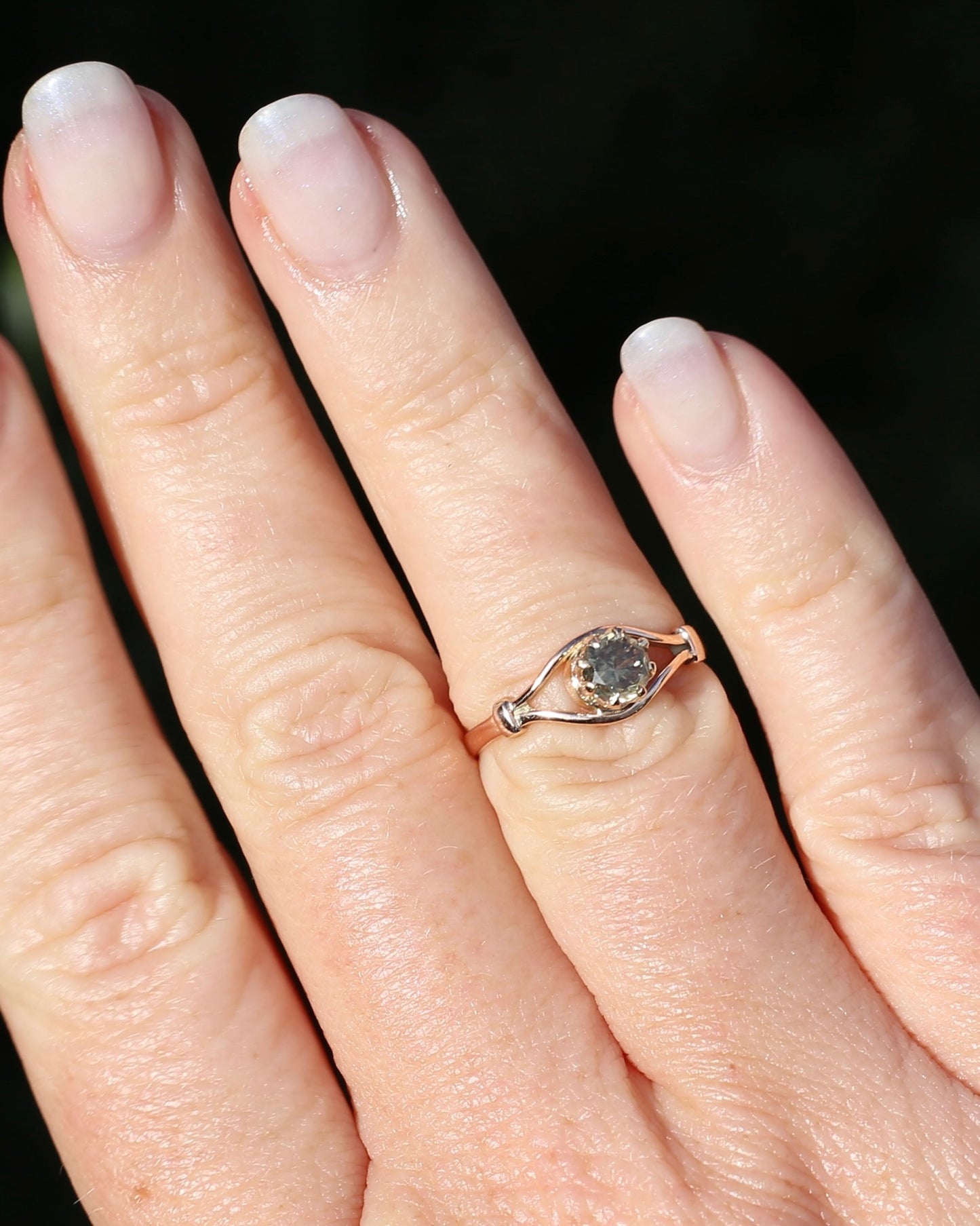 East African Green Zircon, Vintage 8 Claw Setting, Old Rosey Gold, size M1/2 or 6.5