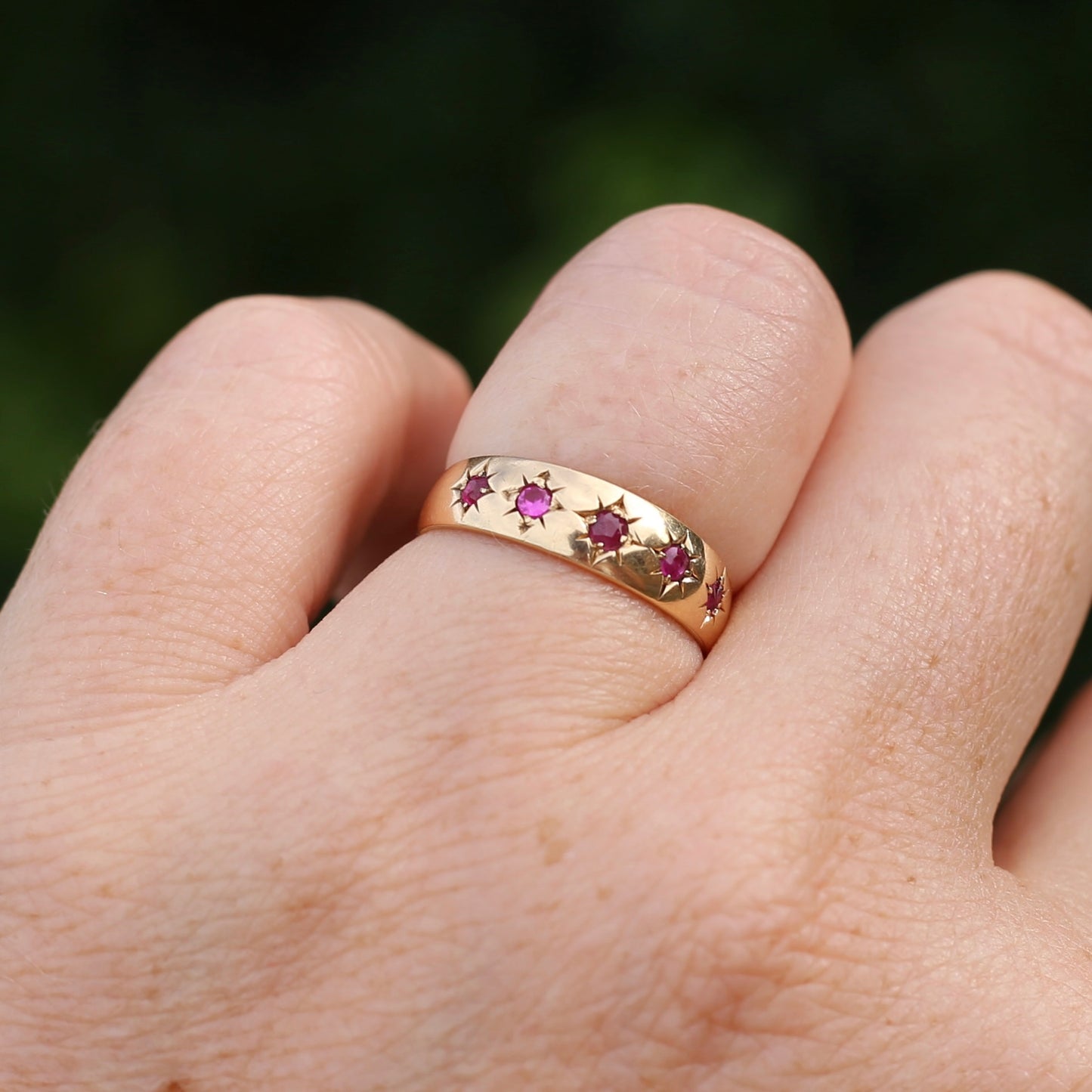 Antique 1891 Five Stone Star Set Old Cut Ruby Ring, 15ct Rosey Gold, size N- N1/2 or 6.75