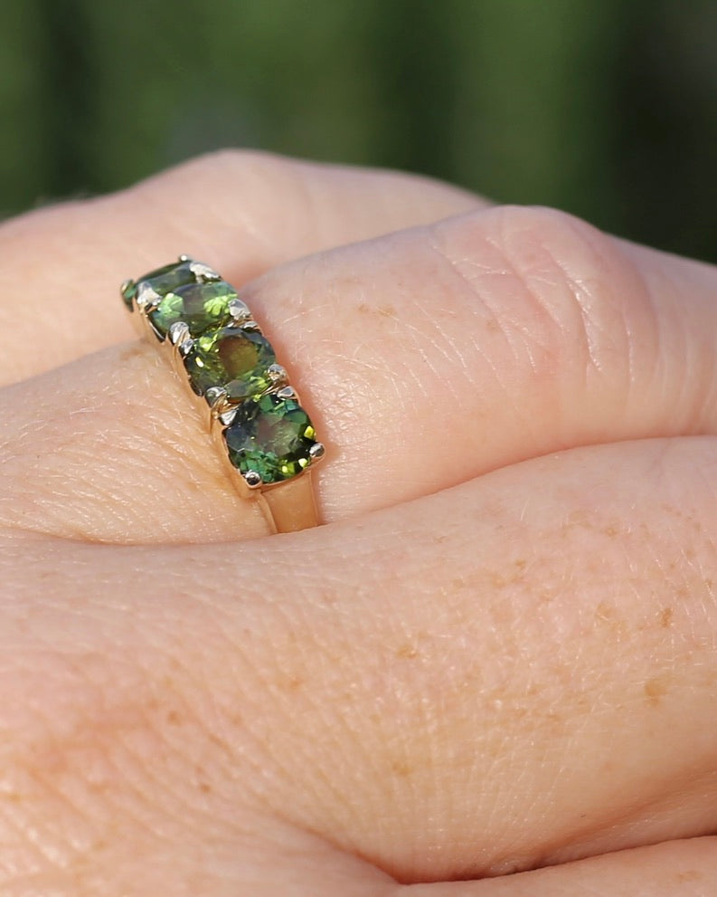 1.75ct Four Stone Natural Green Tourmaline Ring, 9ct Yellow Gold, size N1/2 or just over 6.75, 2.37g
