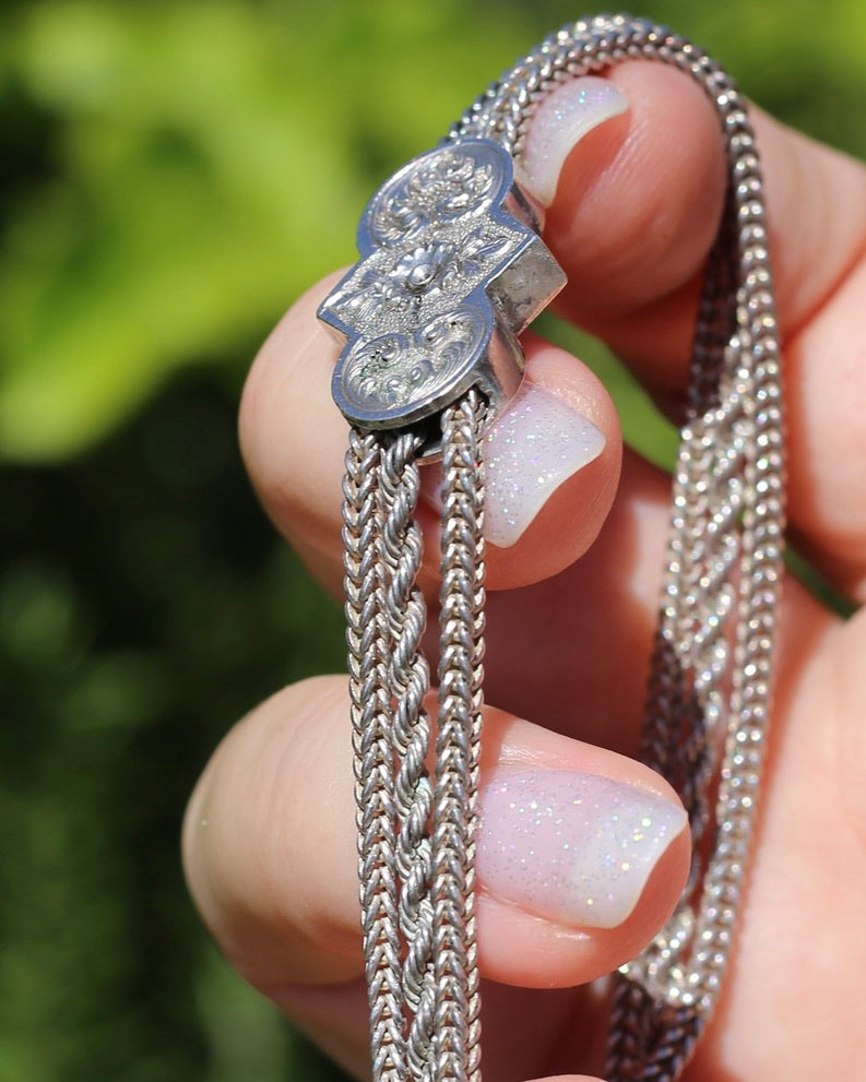 Antique 1901 Double Albertina Necklace with T-bar and Tassel, Sterling Silver, 43.75g