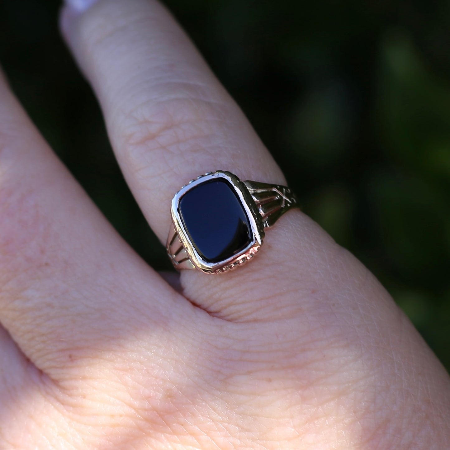 Vintique Onyx Signet Ring with Engraved Shoulders, 9ct Rosey Gold, size K1/2 or 5.5