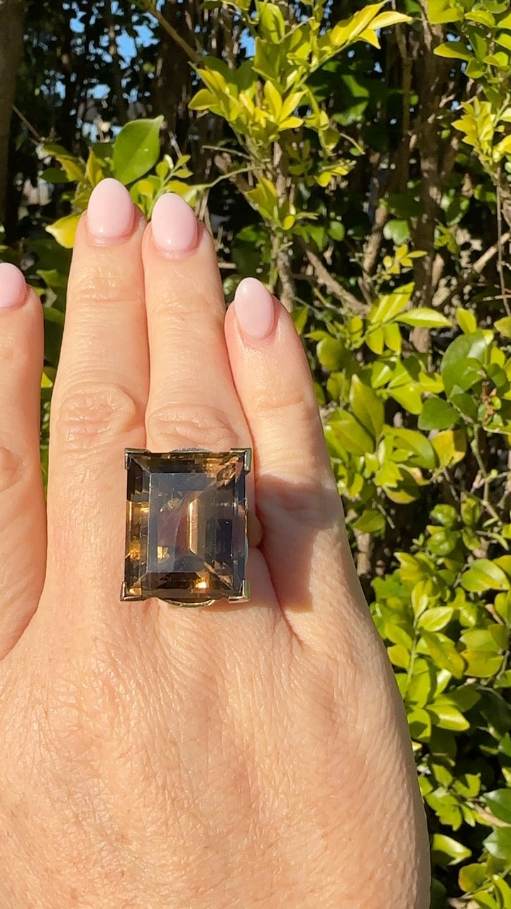 Mid Century 36ct Princess Cut Smoky Quartz Cocktail Ring, 9ct Yellow Gold, size N1/2 or 6.75