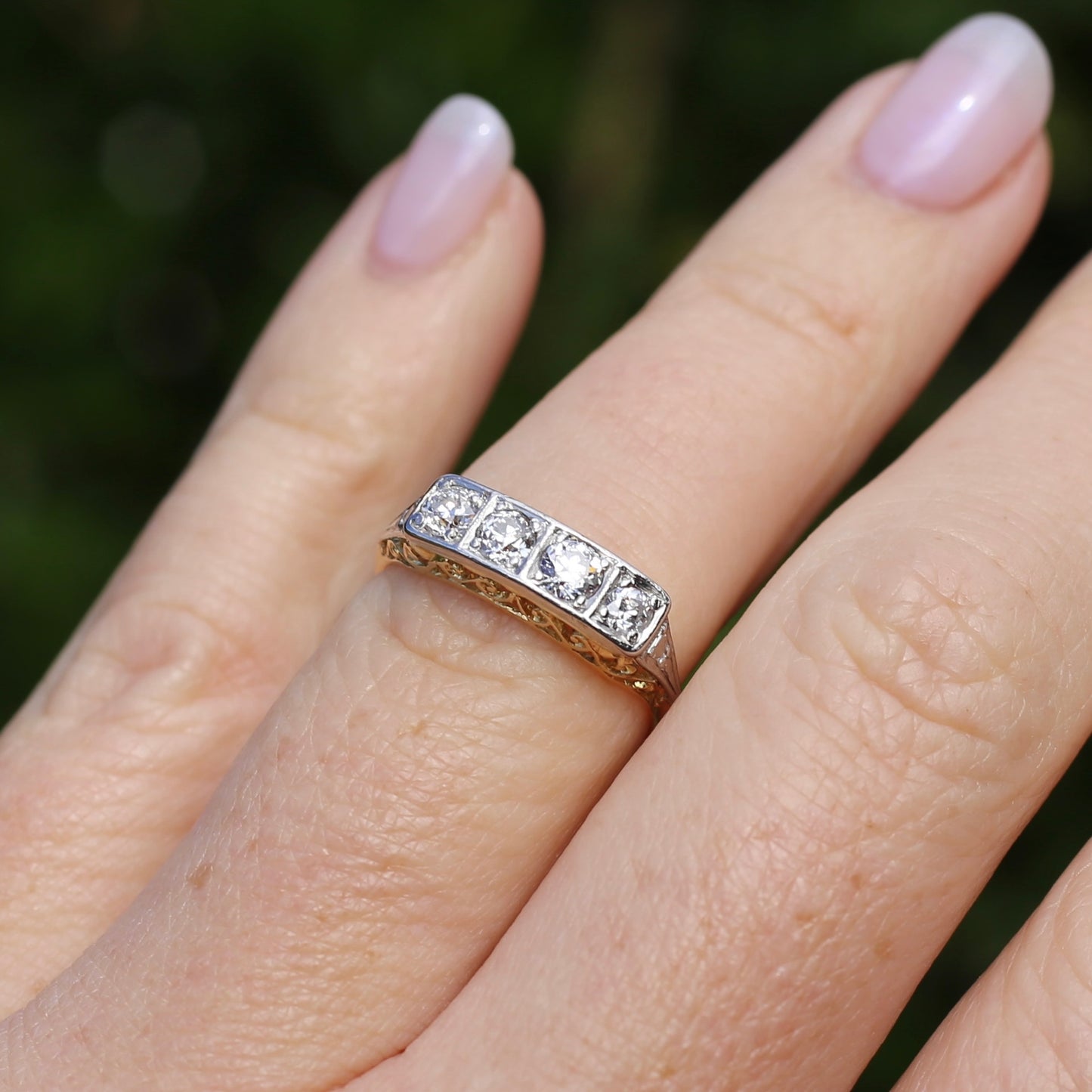 1930s 4 Stone Transitional Cut Diamond Mixed Metal Ring, 18ct Yellow Gold & Platinum, size M or just bigger than 6