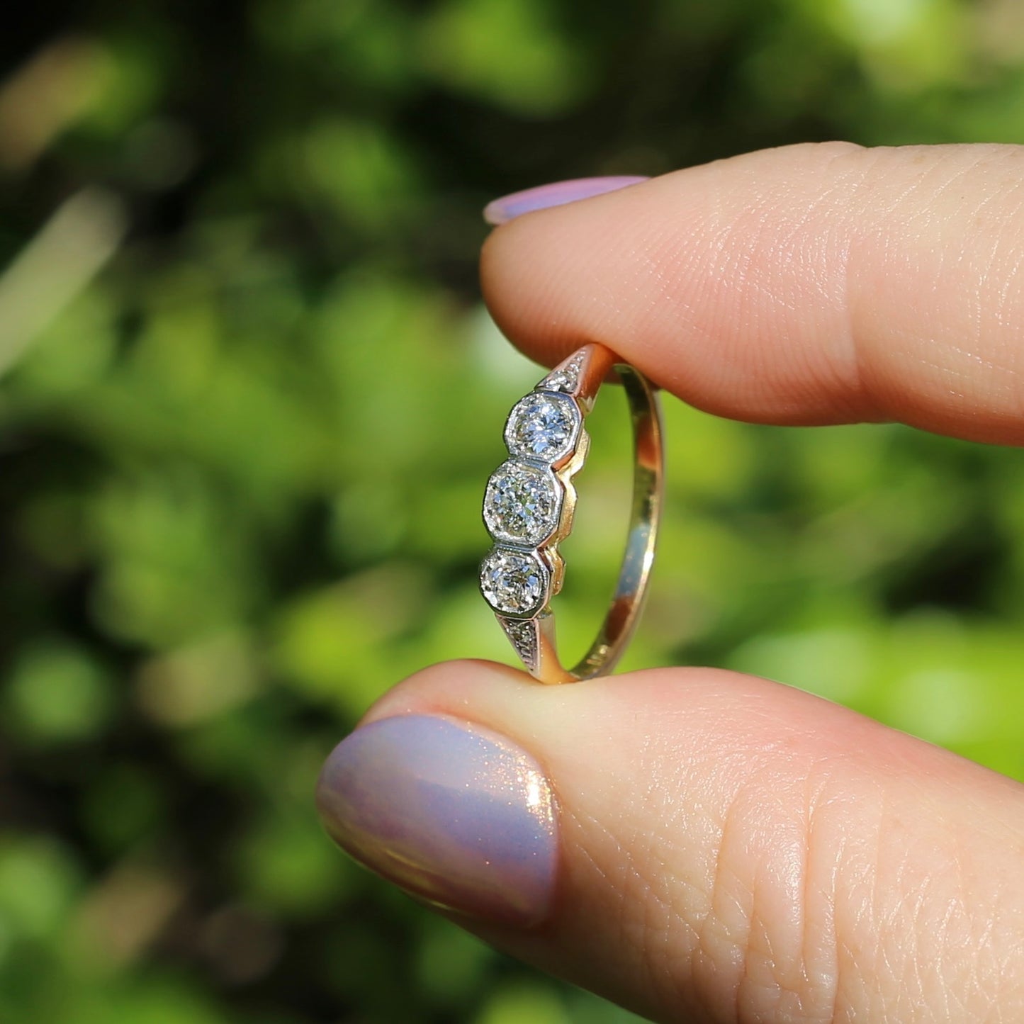 1930s Old and Transitional Cut Diamond Trilogy, 18ct Yellow and White Gold, size N or 6.75