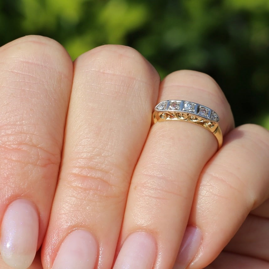 1930s Old Cut 5 Stone Diamond Ring, Platinum and 18ct Yellow Gold, size L or 5.75