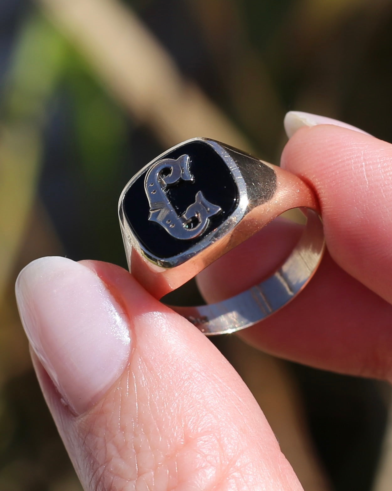 Vintage "C" Onyx Signet Ring, Bezel Set, Older Rosey Gold, size 9.5 or T