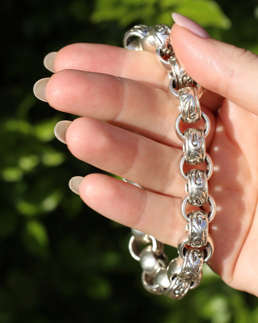 Chunky Silver Belcher Bracelet, Day and Night Alternating Links, Large Bolt Clasp, 24cm or 9.5 inches, 85.8g