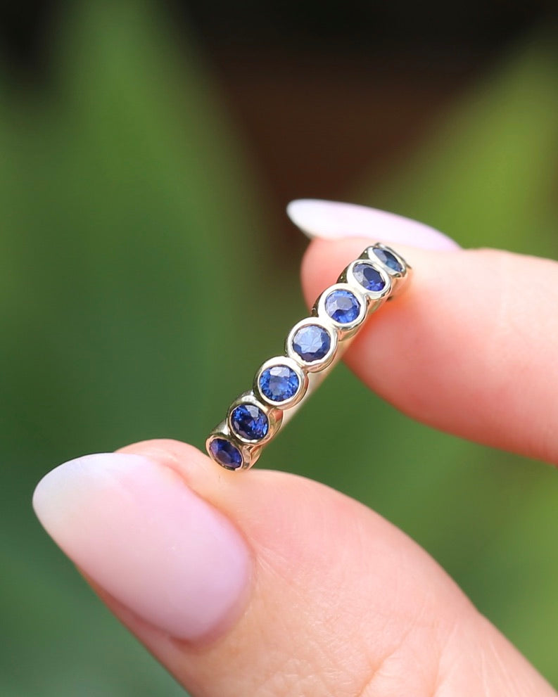 Second Glance - 9 Stone Bezel Set Blue Sapphire Bubble Half Eternity Ring, 9ct Yellow Gold, size N or just over 6.5, 2.80g