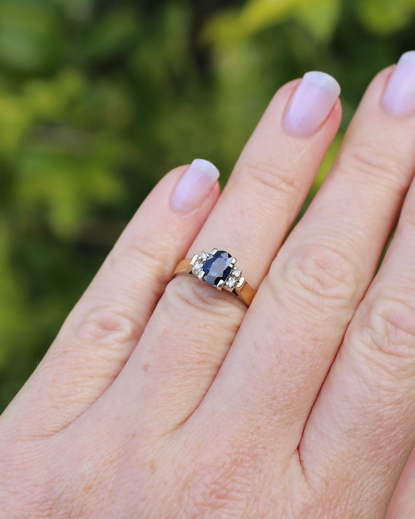 Circa 1970s Natural Sapphire and Diamond Ring, 9ct Yellow and White Gold, size M or 6.25, 4.19g