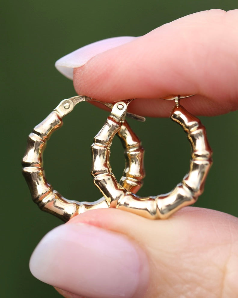 Italian Made UnoAErre Bamboo Earrings, 9ct Yellow Gold, 18mm, 1.27g