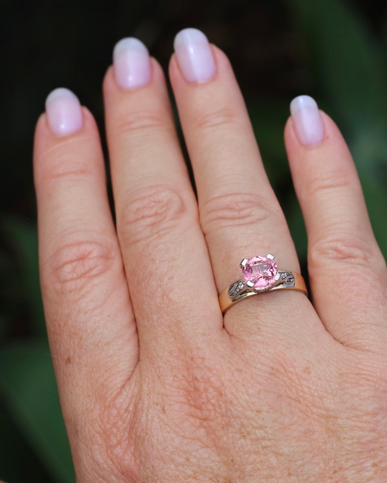 1.62ct Natural Pink Tourmaline in 1970s Mixed Metal Setting with Diamond Side Stones, size P or 7.5, 4.34g