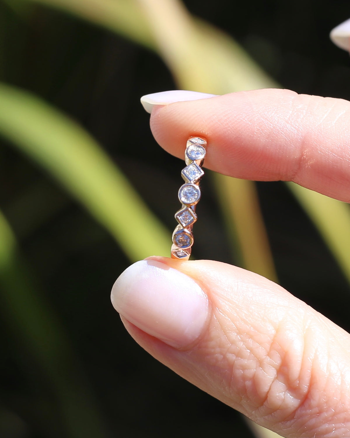 0.25ct 7 Stone Natural Diamond Bezel Set Round and Geometric Rose Gold Stacker, 10ct Rose Gold, size O or 7.25