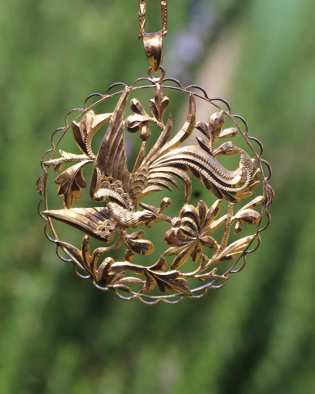 Vintage Chinese Fenghuang (Chinese Phoenix) and Floral Openwork Pendant and Chain, 22ct Gold, 24.34g combined