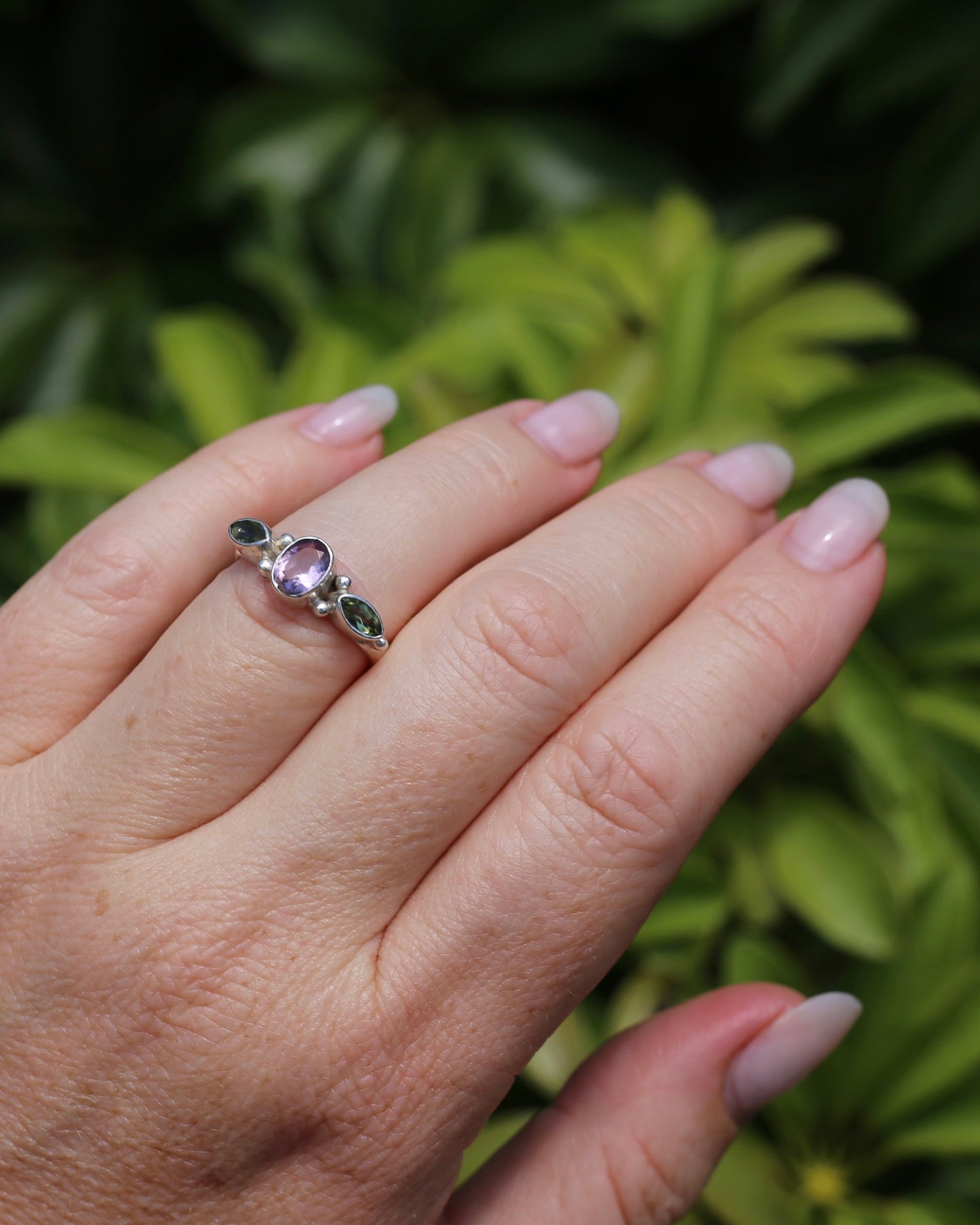 Amethyst & Peridot Bezel Set Trilogy Ring, Sterling Silver, size N or 6.75, 2.7g