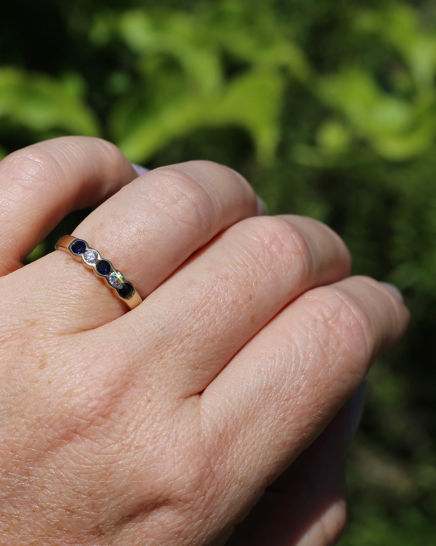 Second Glance - Five Stone Sapphire and Diamond Semi Bezel Ring, 9ct Yellow Gold, approx size N or 6.75 with Arthritis Balls, 2.42g
