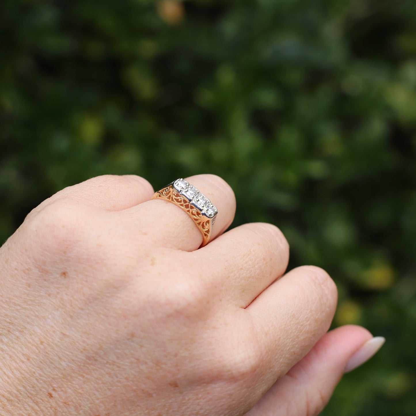 Circa 1915 4 Stone Transitional Cut Diamond Mixed Metal Ring, 18ct Yellow & White Gold, size N1/2 or 7, with valuation