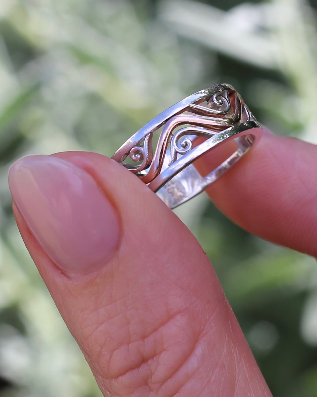 Silver and Rose Gold Filigree Swirl Band, Sterling Silver and 9ct Rose Gold, size P or 7.5 (fits more like an O)