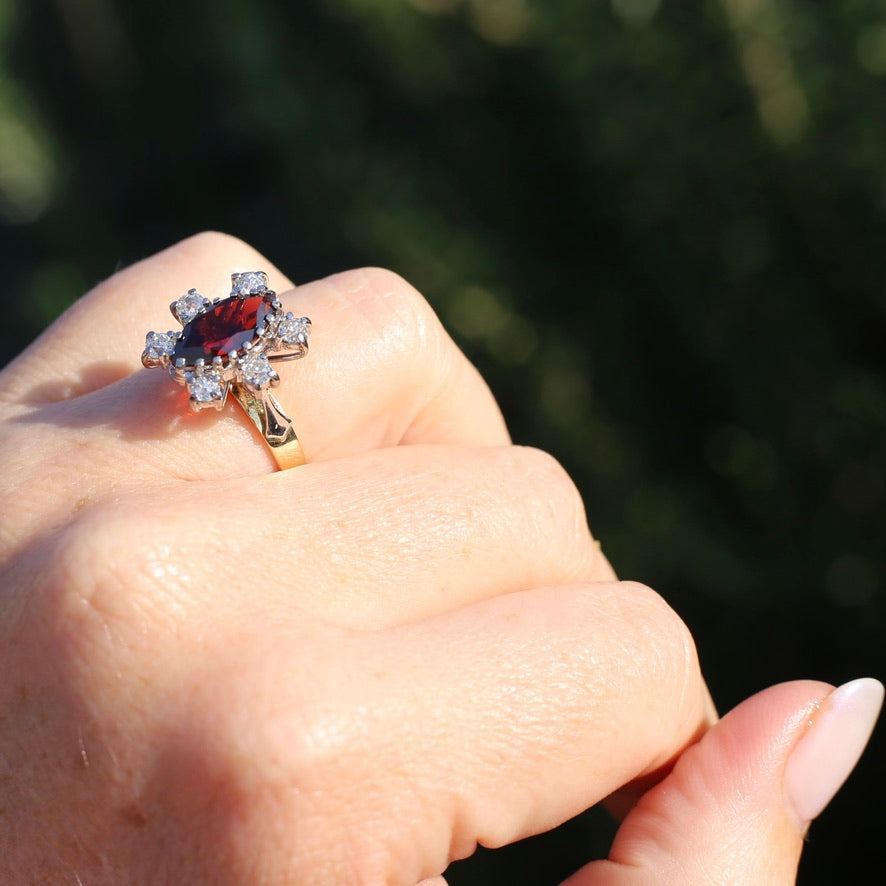 Viking feel Marquise Garnet With 6 Transitional Cut Diamonds, 18ct White and Yellow Gold, size N1/2 or 7